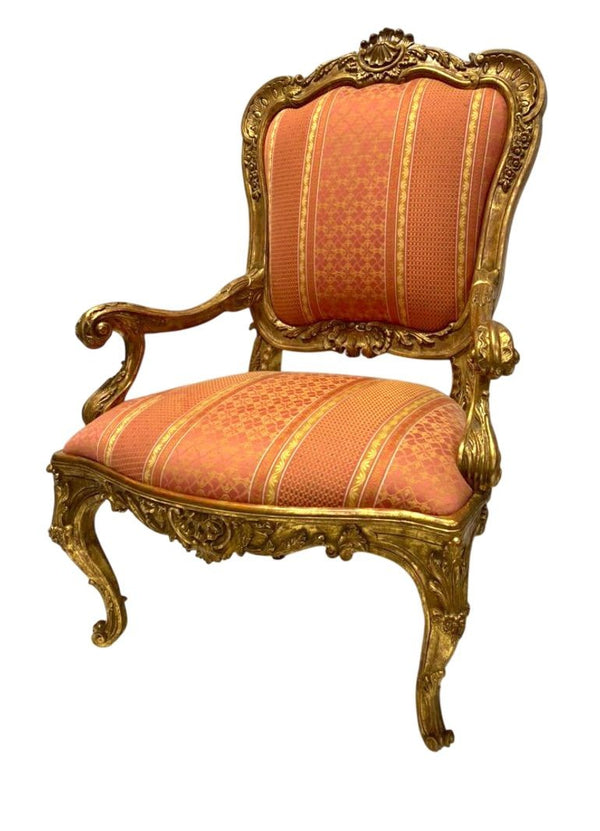 Pair of 20th Century Italian Hand-Carved Water Gilt Armchairs