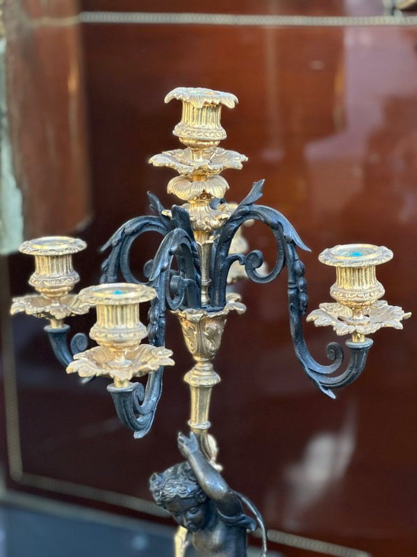 Pair of French 19th Century Putti Candelabras on Marble Base