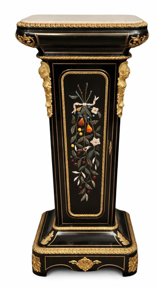 Similar Pair 19th C. Napoleon III Ebonized Pedestals with Hardstone & Bronze.