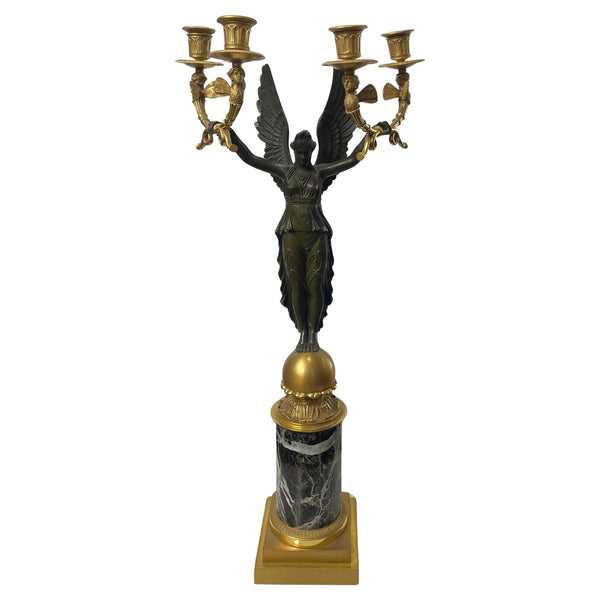 Pair 19th C French Empire Parcel Gilt Bronze Candelabra w/ Winged Maiden Figures