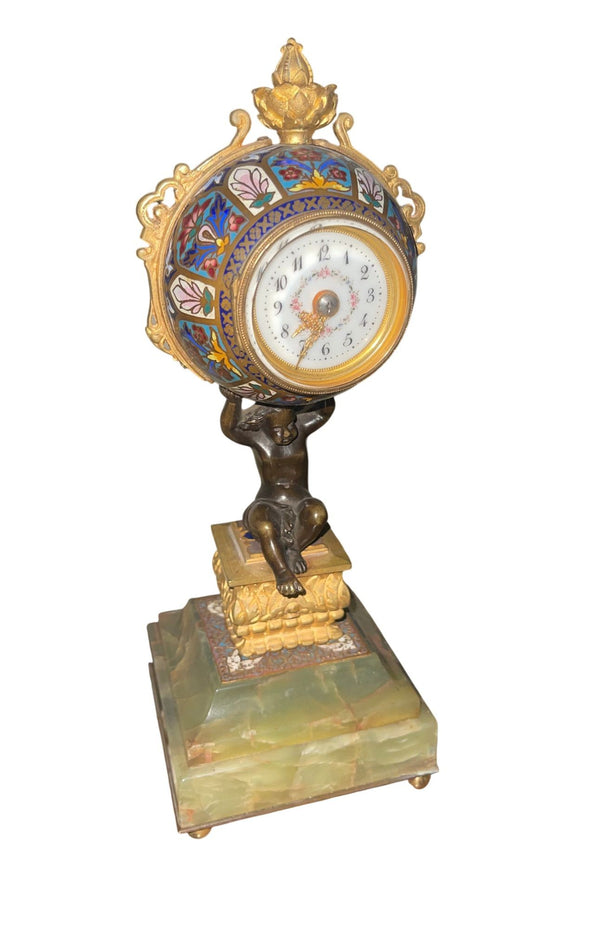 19th Century French Champlevé Enamel Figural Mantel Clock
