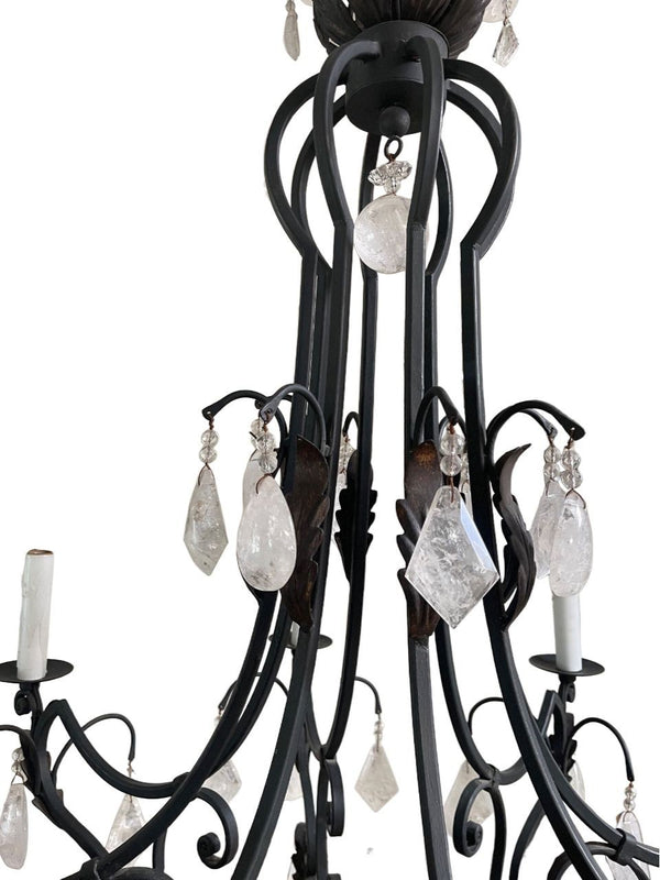 Large Wrought Iron Chandelier with Rock Crystal Drops & Prisms, Italy, 20th C.