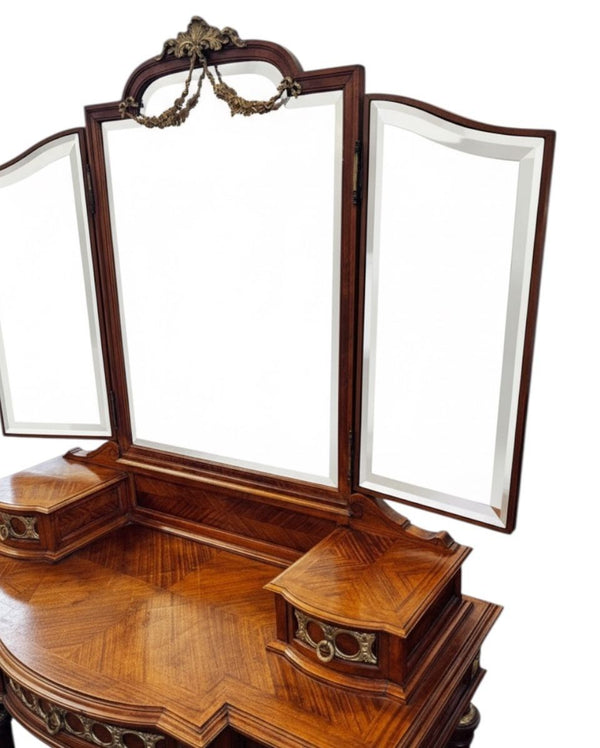 Early 20th Century French Louis XVI Style Triple Mirror Vanity w/ Bronze Mounts.