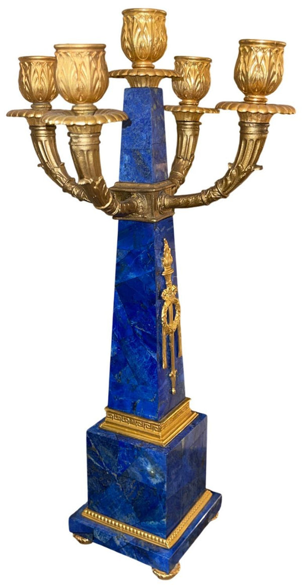 Pair of Early 20th-Century French Lapis Lazuli & Gilt Bronze Obelisk Candelabras