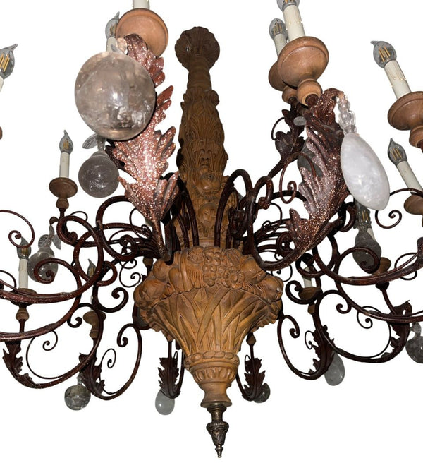 French Provincial Rock Crystal, Wrought Iron & Wood Chandelier. 1940's.