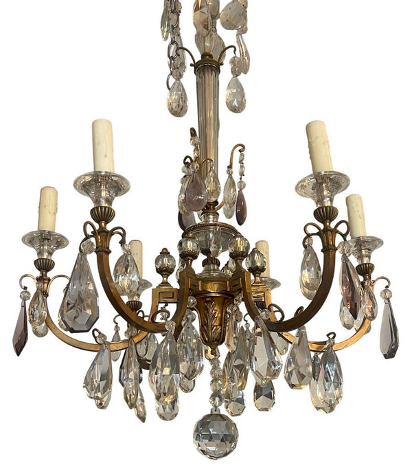 Bronze Chandelier with Clear & Amethyst Cut Crystal. France, 1920's.