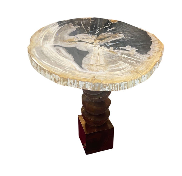 Pair Modern Petrified Wood Side Tables w/ Sculptural Metal Bases. Late 20th C.
