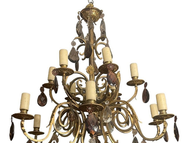 French Early 20th Century Brass and Bronze Chandelier w Mixed Cut Crystal Colors