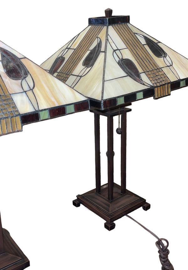 Pair Arts & Crafts Style Metal & Glass Table Lamps. U.S.A. Late 20th Century.