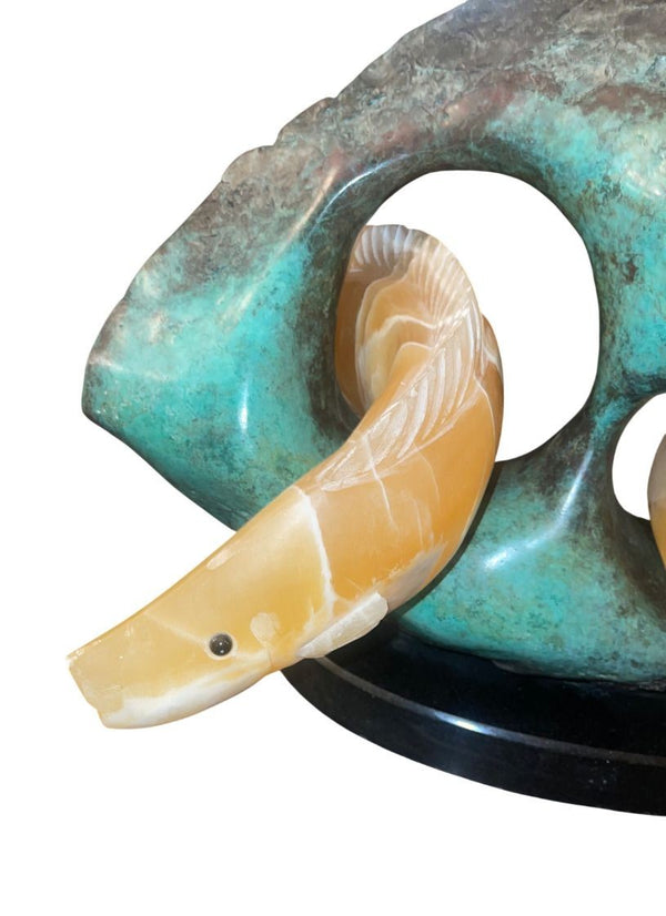 Late 20th Century Campbell Calcite Fish Sculpture Bronze Reef Marble Base U.S.A.