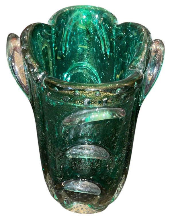 Seguso Murano Green & Gold Aventurine Art Glass Vase. Mid-20th Century.
