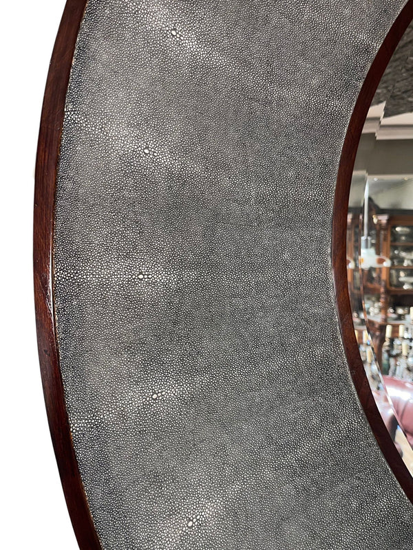 Italian Faux Shagreen & Walnut Concave Round Mirror, Late 20th Century.