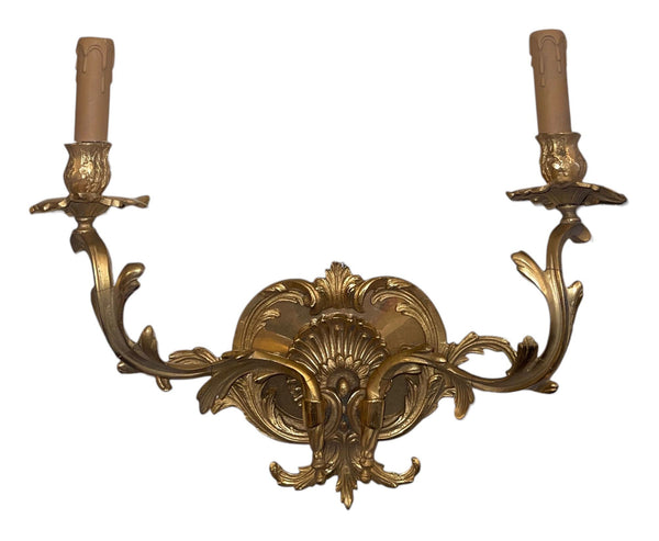 Pair of French Gilt Bronze Louis XV Style Two-Light Wall Sconces. 20th Century.