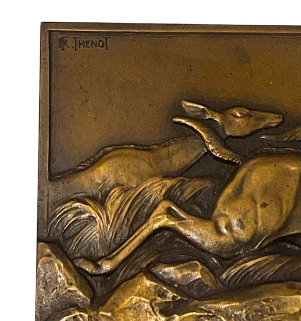 Pair of French Art Deco Bronze Antelope Plaques on Stands by Thenot, c.1930's.