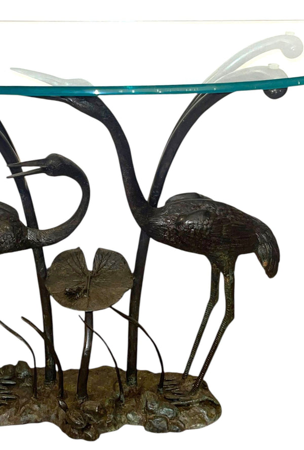 LaBarge Bronze Crane & Lily Pad Glass Top Console Table. U.S.A Late 20th Century