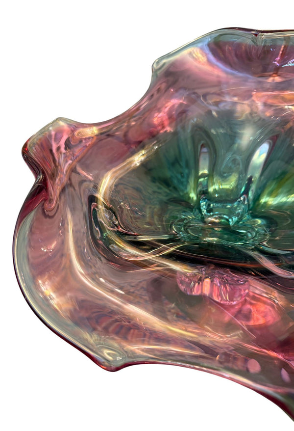 Murano Glass Footed Bowl Emerald Green, Pink & Clear, Italy, Late 20th Century