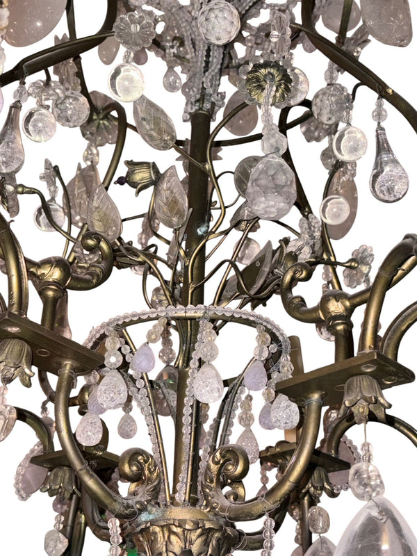 Maison Baguès Rock Crystal & Rose Quartz Chandelier, France, 1940's