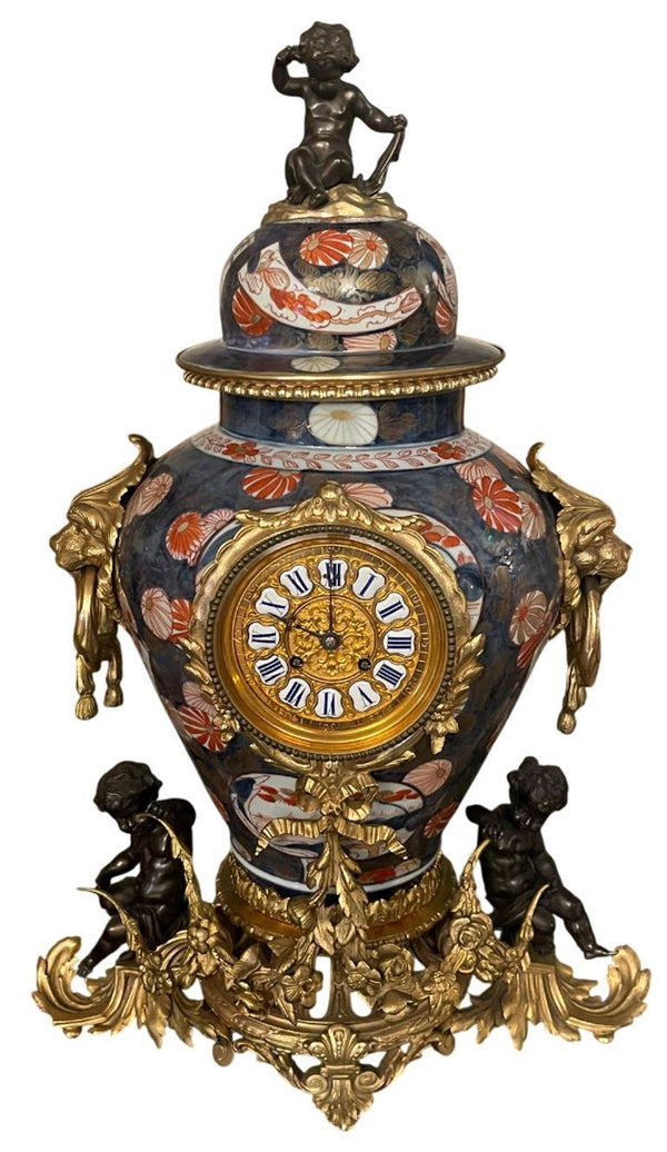 19th Century French Imari Porcelain & Patinated Bronze Garniture Clock Set