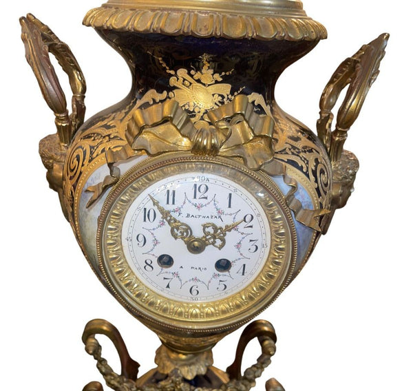 Large 19th Century French Sevres Porcelain Bronze Clock Balthazar Paris