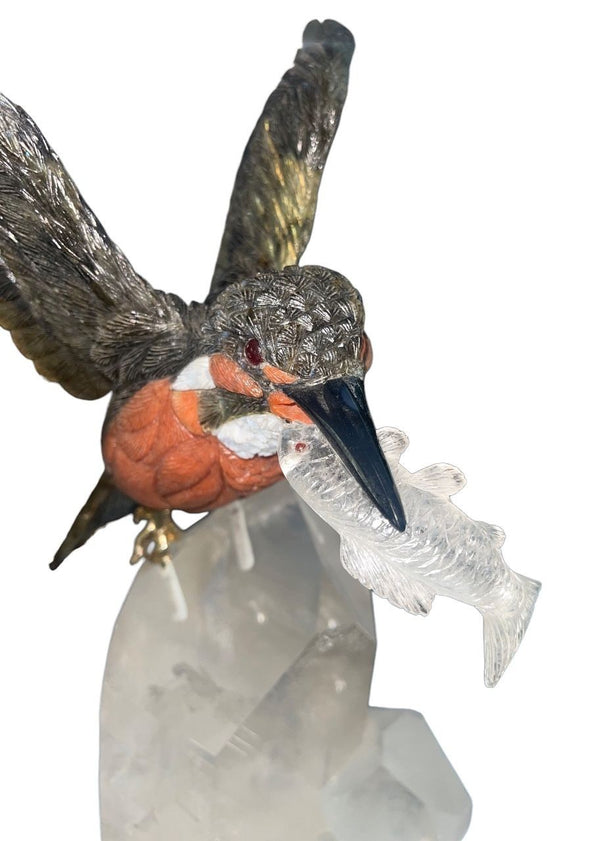 Peter Muller Labradorite Kingfisher Sculpture Quartz Base. Switzerland, 1980's.