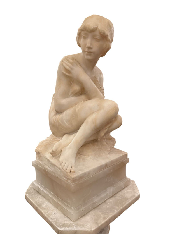 Italian Alabaster Female Bather Lamp with Pedestal. Early 20th Century.