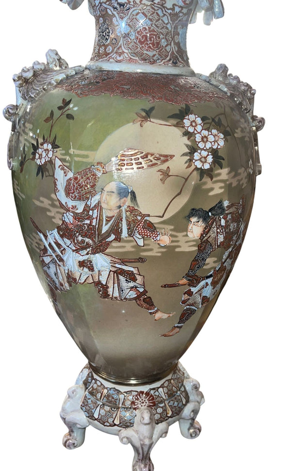 Large Antique Japanese Satsuma Earthenware Floor Vase Meiji Style, Early 20th C.