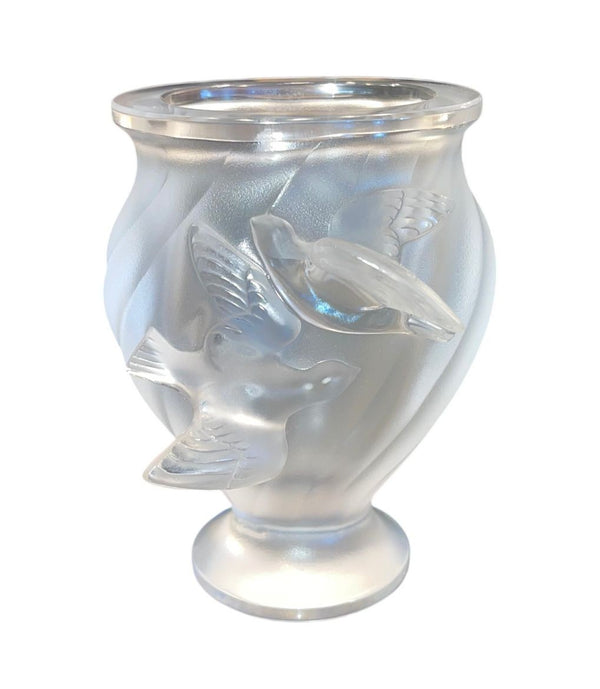 Set of Four Lalique Frosted Crystal Pieces Rosine Vase & Sparrows. Late 20th C.