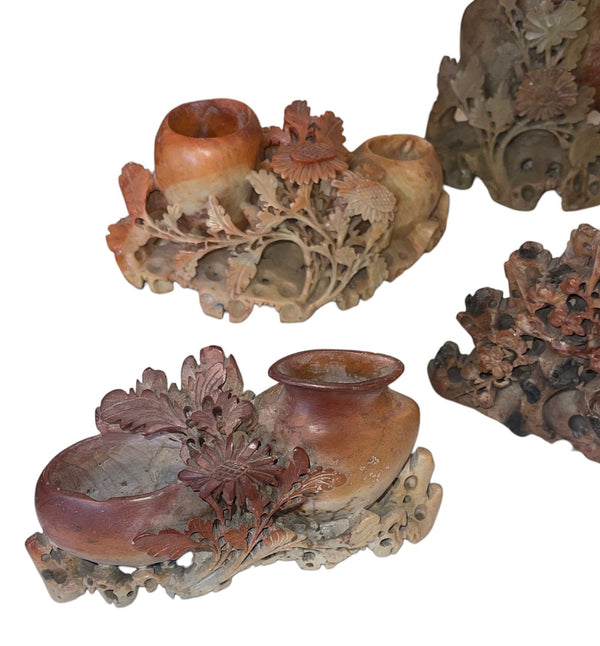 Eight Vintage Chinese Soapstone Carved Brush Pots & Vessels. Early 20th Century.