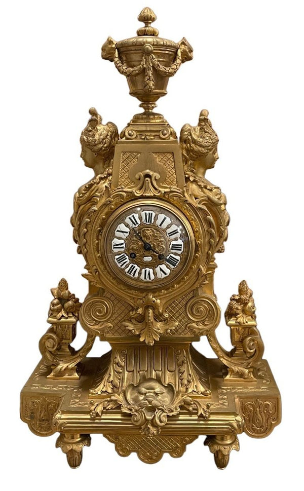 Large 19th Century French Doré Bronze Clock Garniture Marked Jules Graux, Paris.