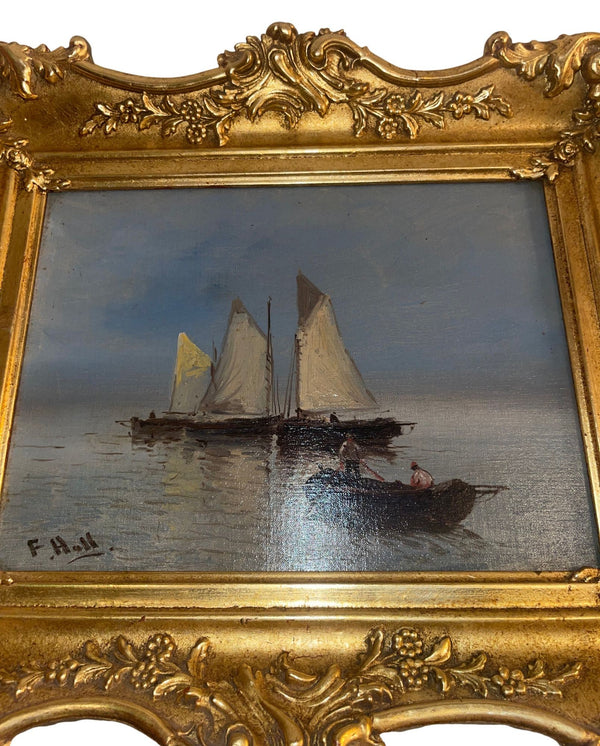 Set of Two 19th Century Antique Marine Oil Paintings in Gilt Frames