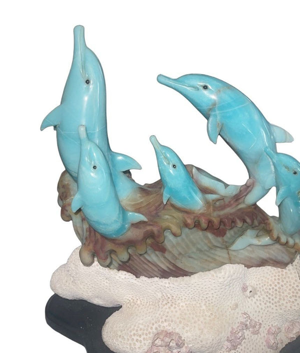 Blue Quartzite Dolphin Sculpture on Onyx Base, Brazil, Late 20th Century.