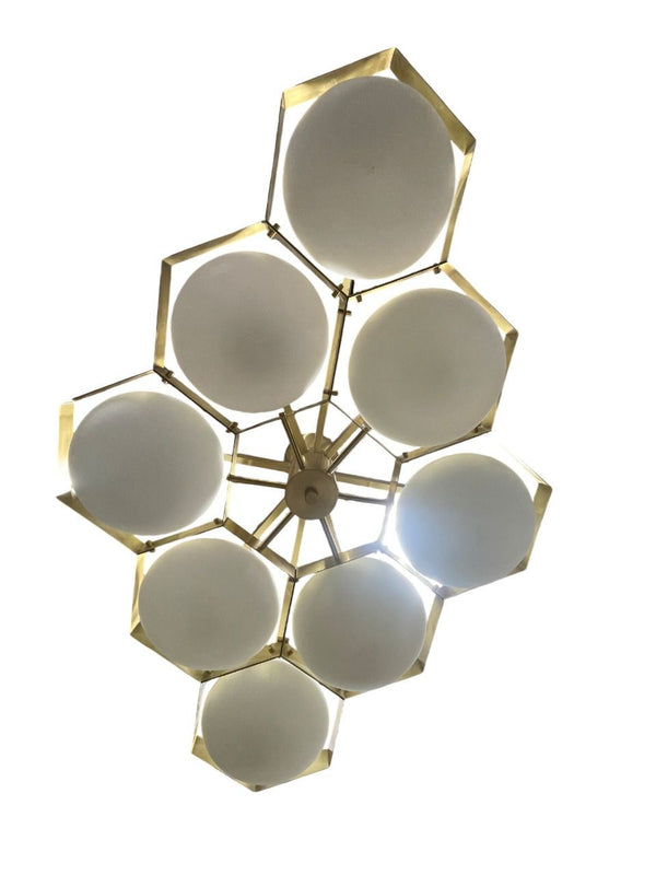 Pair of Eight-Arm Brass & Hand-Blown Murano "Honeycomb" Flush Mount Chandelier