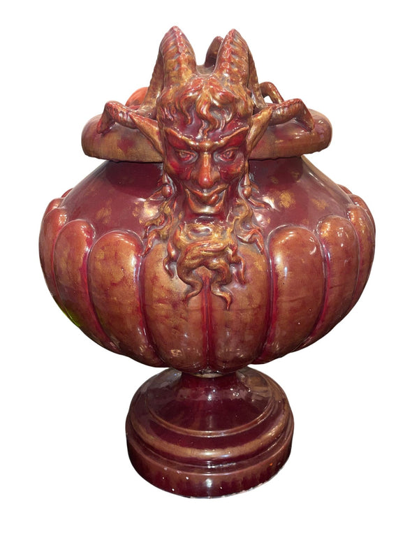 Large Continental Glazed Earthenware Faun Mask Jardinière. Early 20th Century.