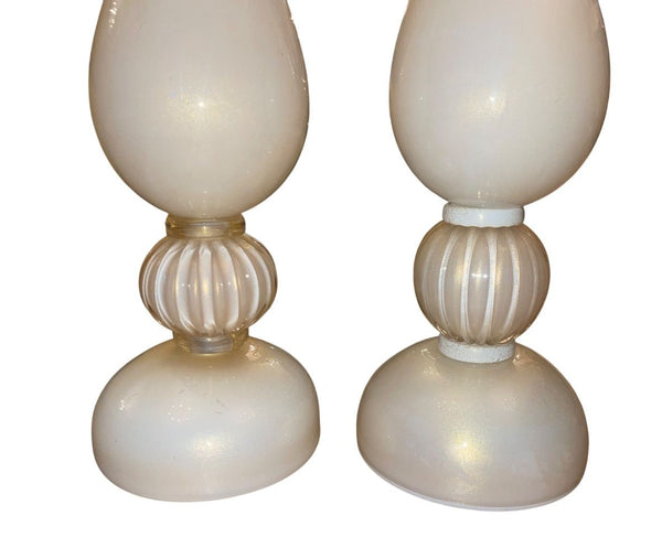 Mid 20th Century Similar Pair Murano Glass Table Lamps in Cream w/ Gold Flecking