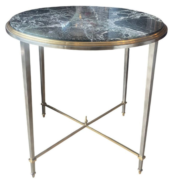 Pair of Mid-Century Maison Jansen Round Side Tables with Marble Tops. France.