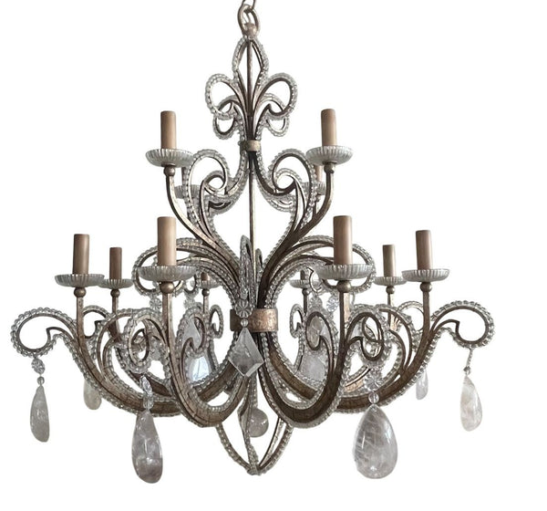 Pair of French Silver Leaf Wrought Iron Chandeliers w/ Rock Crystal–20th Century