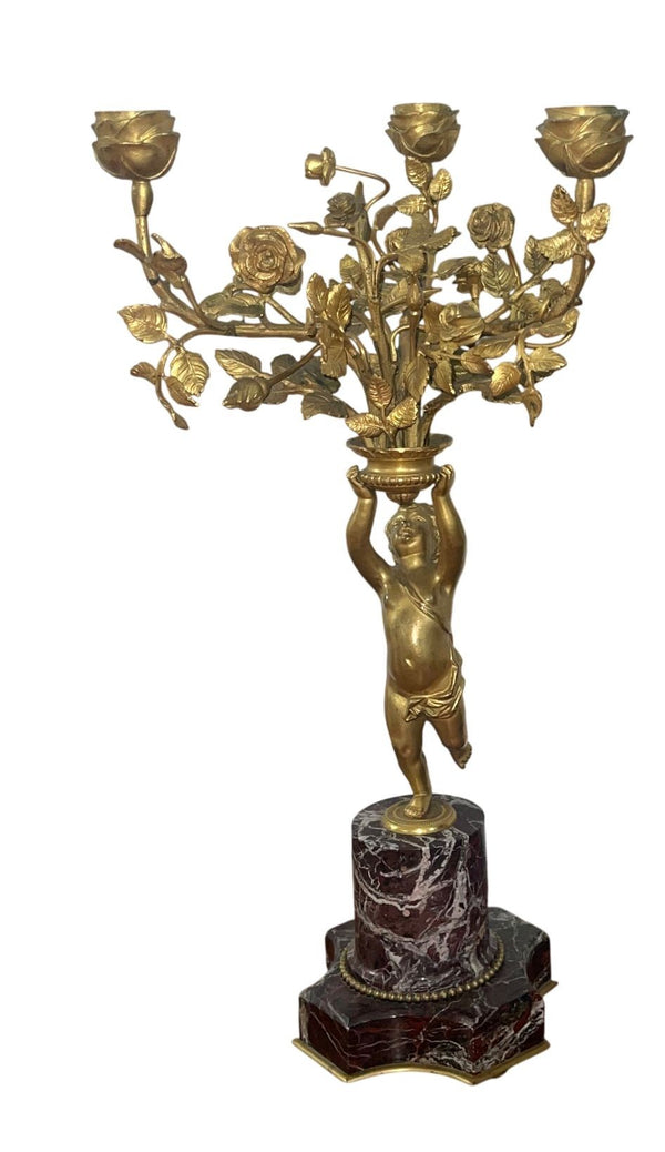 Pair of 19th Century Gilt Bronze Figural Putti Candelabras on Marble Base