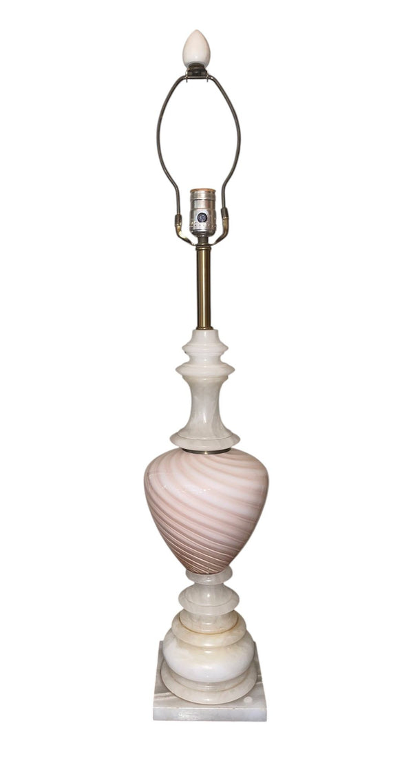 Pair of Italian Pink Murano Glass & Alabaster Lamps. Mid-20th Century.