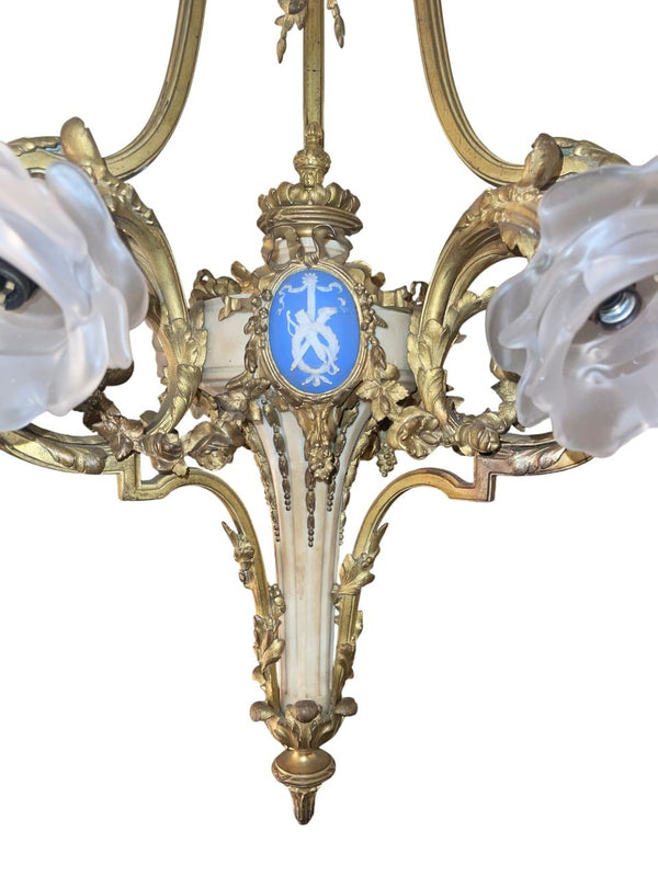 French 19th-C Bronze Chandelier with Marble Body, Wedgwood Plaque & Glass Shades