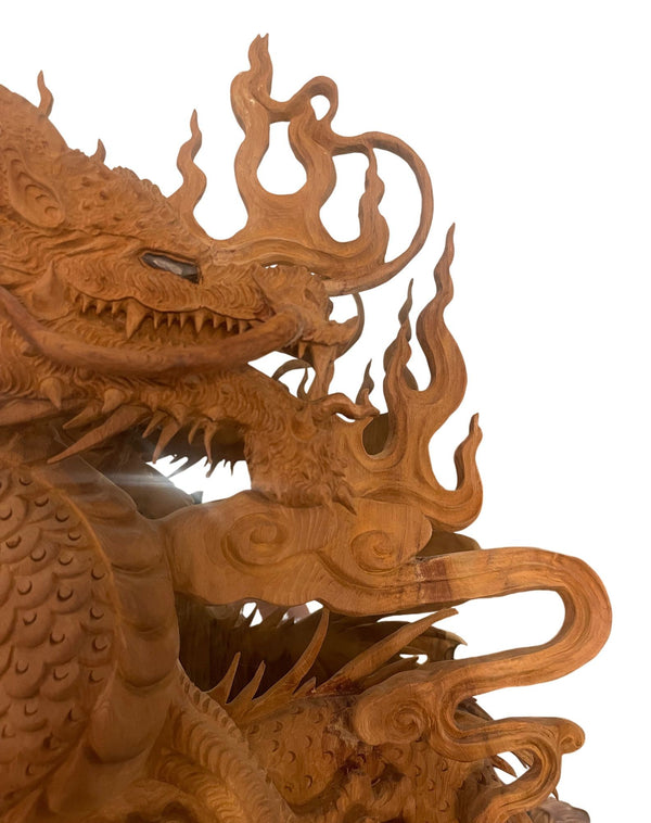 Large 20th Century Vietnamese Nhất Long Vờn Ngọc Dragon Pearl Wood Sculpture