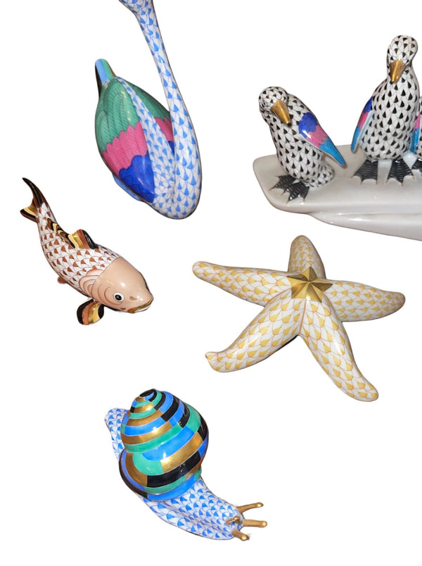 Set of Ten Herend Porcelain Aquatic Animal Figurines. Hungary, 20th Century.
