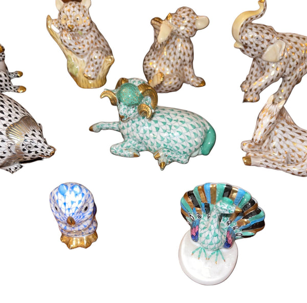 Set of Nine Herend Fishnet Porcelain Animal Figurines