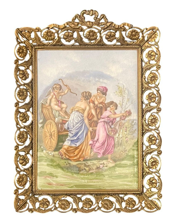 Pair French Limoges Porcelain Plaques in Ornate Gilt Metal Frames. Early 20th C.