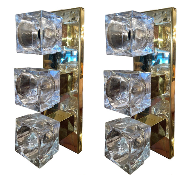 Set of Six Italian Sciolari Murano Glass Cubes & Brass Sconces, 1960's.