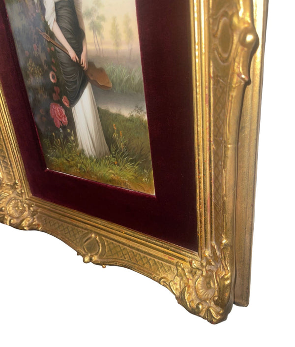 19th Century Pair Italian Porcelain Plaques on Gilt Frames with Red Velvet Mats