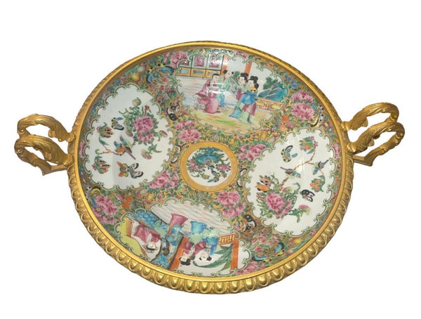 Late 19th C. French Gilt Bronze Mounted Chinese Famille Rose Centerpiece Tazza