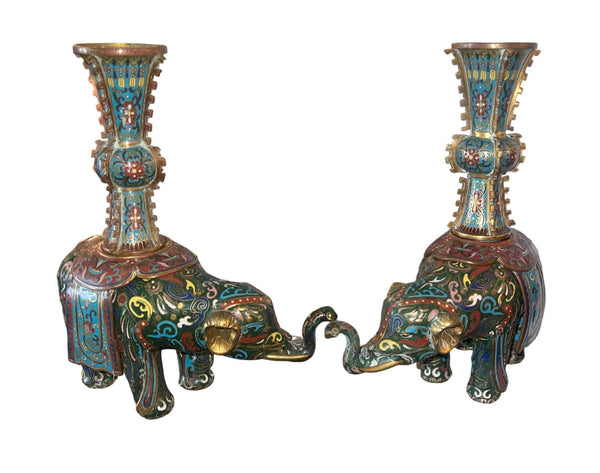 Pair of 19th Century Chinese Cloisonné Elephant Gu Vases