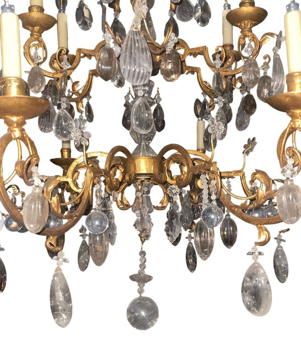 Late 20th Century Hand-Carved Rock Crystal and Wrought Iron Chandelier. U.S.A.