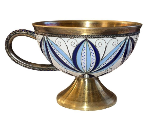 Soviet Russian 916 Silver Gilt Enamel Cup & Saucer, Leningrad. Mid-20th Century.