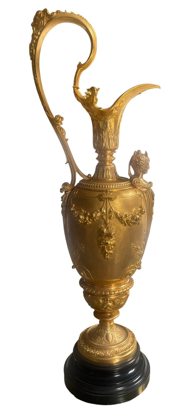 Pair of French Belle Époque Gilt Bronze Ewers on Marble Bases. Late 19th Century